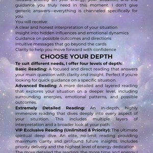 What You Will Receive and Choose Your Depth page on a starry purple background, listing what is included in each personalized intuitive reading and the four levels offered: Basic, Advanced, Extremely Detailed, and VIP.