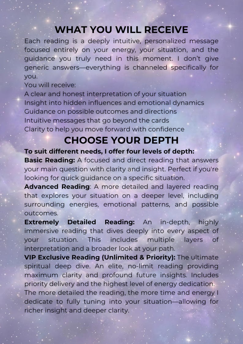 What You Will Receive and Choose Your Depth page on a starry purple background, listing what is included in each personalized intuitive reading and the four levels offered: Basic, Advanced, Extremely Detailed, and VIP.