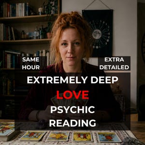Same Hour Love Psychic Reading banner showing Eve at her table holding a fan of tarot cards with a spread laid out, beside the words extremely deep love psychic reading, an honest intuitive reading for love and relationship clarity.