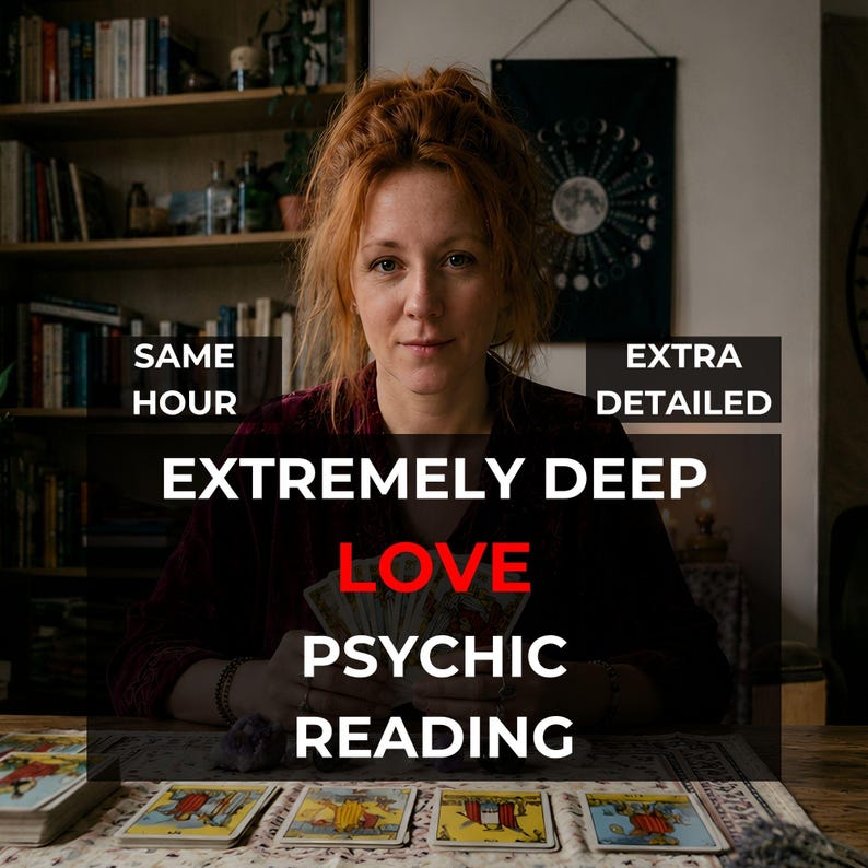 Same Hour Love Psychic Reading banner showing Eve at her table holding a fan of tarot cards with a spread laid out, beside the words extremely deep love psychic reading, an honest intuitive reading for love and relationship clarity.