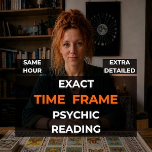 May include: A woman with red hair is centered in the image, with text overlayed that reads "SAME HOUR", "EXACT TIME FRAME", "PSYCHIC READING", and "EXTRA DETAILED". Tarot cards are visible on the table in front of her.