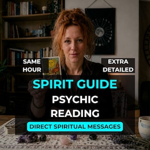 May include: A woman holding a tarot card with a sun illustration. The image includes text that reads "Spirit Guide Psychic Reading" and "Direct Spiritual Messages". Additional text states "Same Hour" and "Extra Detailed".