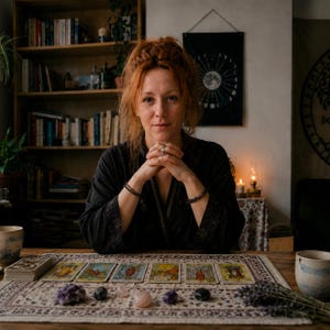 Eve, the intuitive psychic and tarot reader behind the shop, in a warm and calming space that reflects her honest, personal reading style.