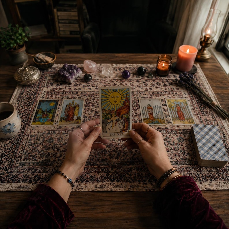Eve, the intuitive psychic and tarot reader behind the shop, holding tarot cards at her reading desk, reflecting her honest and personalized clairvoyant reading style.