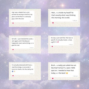 Screenshots of WhatsApp messages from clients on a starry purple background, sharing positive feedback about the accuracy and honesty of their tarot and psychic readings.