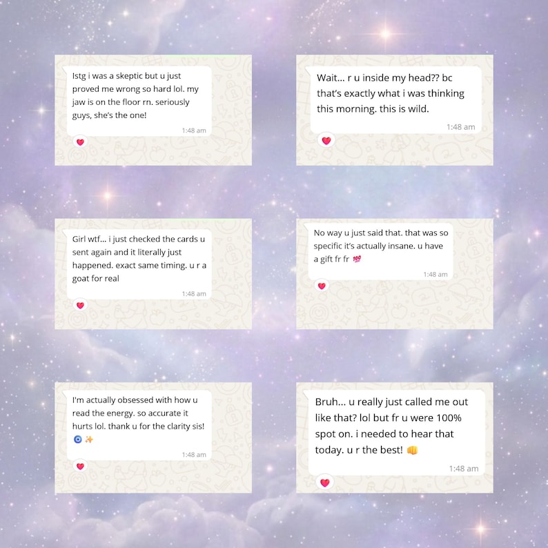 Screenshots of WhatsApp messages from clients on a starry purple background, sharing positive feedback about the accuracy and honesty of their tarot and psychic readings.