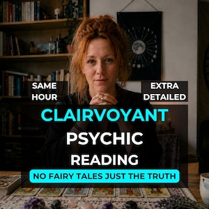 May include: A woman with red hair is the focus of the image, with the words "Clairvoyant Psychic Reading" prominently displayed. Additional text includes "Same Hour," "Extra Detailed," and "No Fairy Tales Just The Truth." Tarot cards are laid out on the table in front.