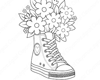 Peut inclure: Illustration en noir et blanc d'une basket montante remplie de fleurs. La basket a un motif de cœur sur le côté et est lacée. Les fleurs sont de tailles et de formes variées, avec des feuilles.