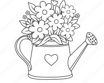 Peut inclure: Une illustration en noir et blanc au trait représentant un arrosoir rempli d'un bouquet de fleurs variées. L'arrosoir présente une forme de cœur bien visible sur le devant, une poignée incurvée et un bec verseur avec une pomme perforée.