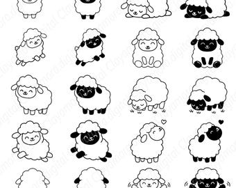 Peut inclure: Une collection de vingt illustrations en noir et blanc représentant des moutons de dessin animé dans diverses poses. Les moutons sont dessinés avec une laine duveteuse, des expressions faciales simples, certains avec des cœurs ou de l'herbe.