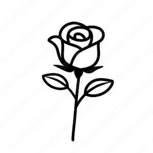 Op de afbeelding: Een zwart-witte lijntekening van een roos. De roos heeft een gedetailleerde bloem, twee bladeren en een stengel. Deze eenvoudige illustratie is geschikt voor diverse design toepassingen en biedt een klassiek bloemmotief.