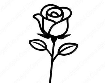 Peut inclure: Un dessin au trait noir et blanc d'une rose. La rose présente une fleur détaillée, deux feuilles et une tige. Cette illustration simple est adaptée à diverses applications de conception, offrant un motif floral classique.
