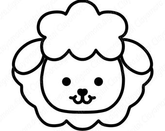 Peut inclure: Illustration de dessin animé en noir et blanc d'une tête de mouton. Le mouton a une tête duveteuse en forme de nuage, des oreilles rondes et un visage souriant avec deux points noirs pour les yeux et un petit nez.