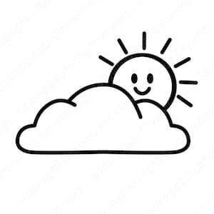 May include: A black and white line drawing of a smiling sun peeking out from behind a cloud. The sun has a happy face with a curved mouth and two small dots for eyes. The cloud is a simple, rounded shape.