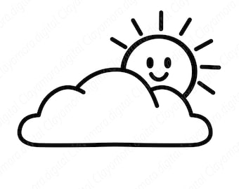 Peut inclure: Un dessin au trait noir et blanc d'un soleil souriant sortant d'un nuage. Le soleil a un visage joyeux avec une bouche incurvée et deux petits points pour les yeux. Le nuage est de forme simple et arrondie.
