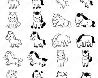 Peut inclure: Une collection de vingt illustrations en noir et blanc au trait représentant des chevaux de dessin animé dans diverses poses, notamment debout, assis, sautant, dormant, broutant et regardant par-dessus un rebord, disposées en grille.