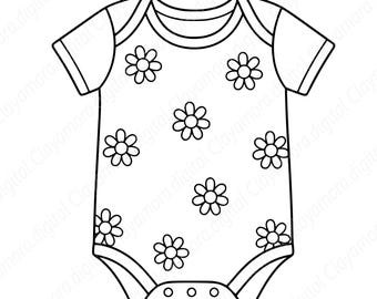 Peut inclure: Une illustration en noir et blanc au trait d'un body pour bébé à manches courtes avec un motif répétitif de fleurs de marguerite. Le vêtement présente une encolure ronde, des manches courtes à bords côtelés et une fermeture à trois boutons-pression.