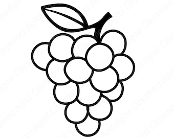 Peut inclure: Un dessin au trait noir et blanc d'une grappe de raisins. Les raisins sont ronds et regroupés, avec une tige et une seule feuille en haut. L'image est une illustration graphique simple.