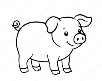 Peut inclure: Illustration en noir et blanc d'un cochon de dessin animé souriant. Le cochon a une queue bouclée et de grandes oreilles. L'image est un simple dessin au trait, adapté à divers projets.