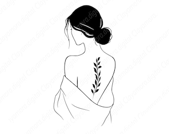 Peut inclure: Une illustration en noir et blanc au trait représentant une personne vue de dos, avec les cheveux en chignon bas et un tatouage de branche feuillue au centre du dos. La personne est drapée dans un vêtement ample laissant le haut du dos découvert.