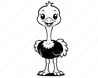 Peut inclure: Illustration en noir et blanc d'une autruche souriante. L'autruche a un long cou, de grands yeux et un corps duveteux. L'image est un dessin numérique avec un design simple et épuré.
