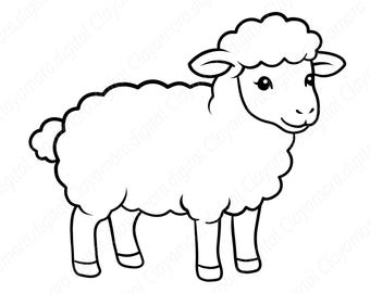 Peut inclure: Illustration en noir et blanc d'un mouton. Le mouton est représenté de profil, avec un corps blanc duveteux, de petites oreilles et un visage souriant. Le mouton a quatre pattes et une petite queue.