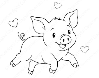 Peut inclure: Une illustration en noir et blanc au trait représentant un porcelet joyeux en train de courir. Le porcelet a de grandes oreilles, une queue en tire-bouchon et une expression souriante. Trois cœurs simples entourent le porcelet sur fond blanc.