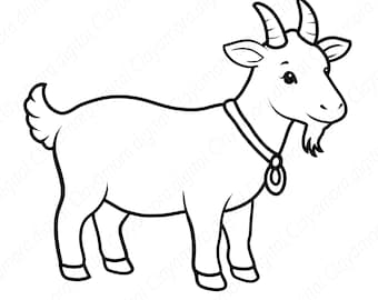 Peut inclure: Illustration en noir et blanc d'une chèvre de dessin animé. La chèvre a des cornes incurvées, une barbe et un collier avec un pendentif. La chèvre est debout et tournée vers la droite.