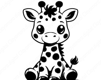 Peut inclure: Illustration de girafe de dessin animé en noir et blanc. La girafe est assise, les jambes croisées, avec de grands yeux, des taches et une petite queue. Le design est simple et adapté à diverses applications.