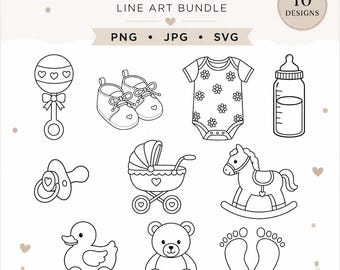 Peut inclure: Une collection numérique de 10 dessins au trait pour baby shower avec des contours noirs sur fond blanc. L'ensemble comprend un hochet, des chaussons, un body, un biberon, une tétine, un landau, un cheval à bascule, un canard, un ours et des pieds.