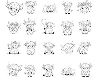 Bundle vache Highland dessin au trait SVG PNG JPG pour projets d'art mural, Cricut et silhouette