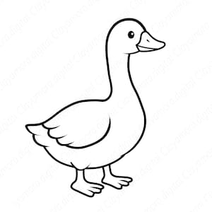 Op de afbeelding: Een zwart-witte lijntekening van een gans. De gans staat met zijn kop omhoog en snavel iets open. De illustratie is eenvoudig en cartoonachtig, met dikke zwarte contouren.