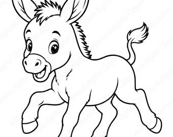 Peut inclure: Une illustration en noir et blanc au trait représentant un ânon de dessin animé avec de grands yeux, des oreilles dressées et une petite queue touffue. L'âne est représenté dans une pose dynamique, courant avec la bouche ouverte.