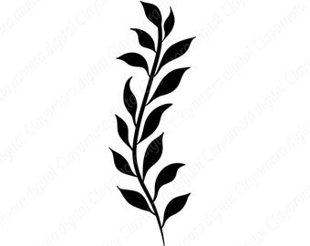 Peut inclure: Illustration noire d'une brindille botanique avec plusieurs feuilles. Les feuilles sont allongées et disposées le long d'une tige centrale, créant un design symétrique. L'image est sur fond blanc.
