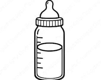 Peut inclure: Une illustration en noir et blanc au trait d'un biberon. Le biberon présente une tétine standard, un bouchon à vis strié et un corps cylindrique avec des graduations sur le côté. L'intérieur du biberon est partiellement rempli.