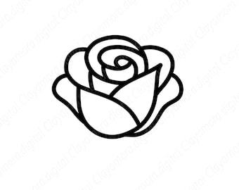 Peut inclure: Un dessin au trait noir et blanc d'une rose. La rose est représentée de manière simple et stylisée, avec les pétales et le centre clairement délimités sur un fond blanc. Le design convient à diverses applications.