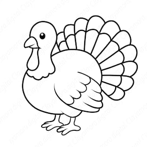 May include: A black and white cartoon illustration of a turkey. The turkey has a rounded body, a small head with a beak, and a fan of feathers. The turkey is standing with its feet on the ground.