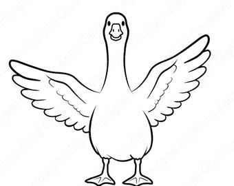 Peut inclure: Une illustration en noir et blanc au trait représentant une oie debout, les ailes complètement déployées sur les côtés. L'oie fait face à l'avant avec un style de contour simple et épuré, présentant un corps arrondi, un long cou et des pattes palmées.