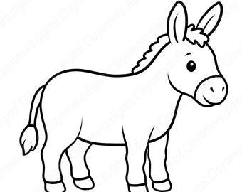 Peut inclure: Dessin au trait noir et blanc d'un âne. L'âne est représenté debout, tourné vers la droite, avec les oreilles dressées. Il a une petite queue et une expression souriante.