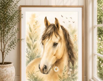 Peut inclure: Une impression aquarelle encadrée représentant un cheval brun clair à la crinière foncée, tenant une marguerite blanche dans sa bouche. Le cheval est entouré de feuillage vert tendre et de fleurs sauvages jaunes, avec quelques oiseaux.