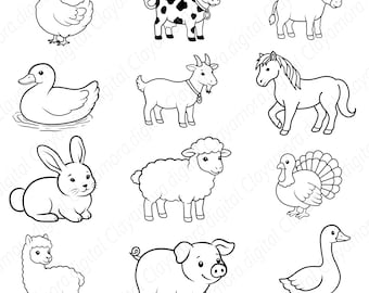 Peut inclure: Illustrations en noir et blanc d'animaux de la ferme, dont une poule, une vache, un âne, un canard, une chèvre, un cheval, un lapin, un mouton, une dinde, un lama, un cochon et une oie. Style dessin animé.