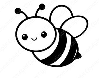Peut inclure: Une illustration en noir et blanc au trait représentant une abeille avec une tête ronde, deux antennes aux extrémités circulaires, de grands yeux ronds, un petit sourire courbé et un corps rayé avec deux ailes arrondies sur le dos.
