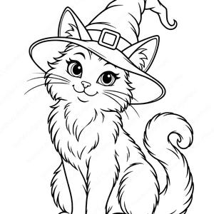 Peut inclure: Une illustration en noir et blanc au trait représentant un chaton touffu portant un chapeau de sorcière pointu avec une boucle. Le chaton a de grands yeux, de longues moustaches et une queue recourbée, dans un style de contour net et audacieux.