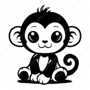 May include: A black and white cartoon illustration of a sitting monkey with large eyes, a small nose, and a curled tail. The monkey has a white face and chest, with black fur outlining its body and ears. The image is a digital design.