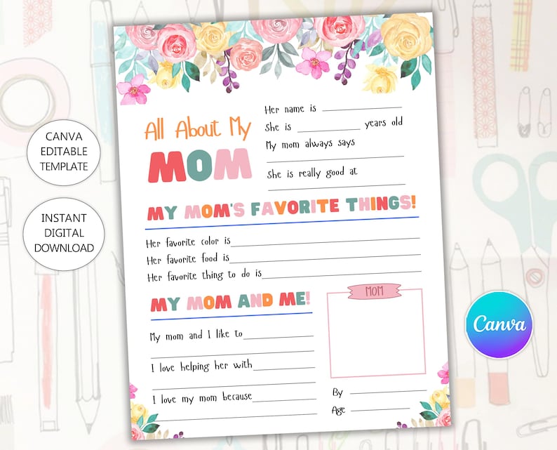 All About My Mom Printable Mothers Day Questionnaire for Kids Craft Mom ...