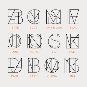 May include: A collection of twelve black line art monograms arranged in a grid. Each design features geometric shapes and letters forming names including BATE, LUCY, AMY & LISA, EVAL, JODIE, NICOLE, CS, KATE, PAUL, JAEB, OLIVIA, and the text 1 IN 3.
