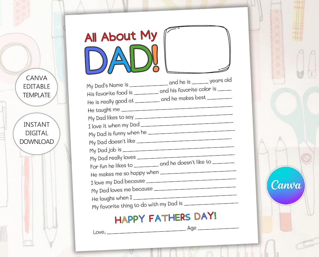 All About My Dad Printable Fathers Day Questionnaire for Kids Craft Dad ...