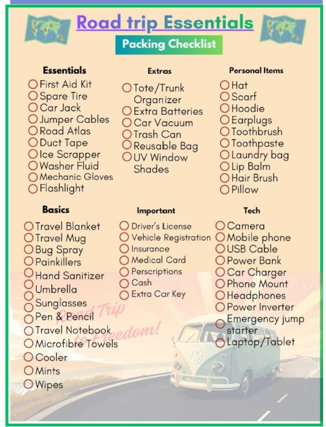 Road Trip Packing Checklist | Printable Travel Planner | Car Trip ...