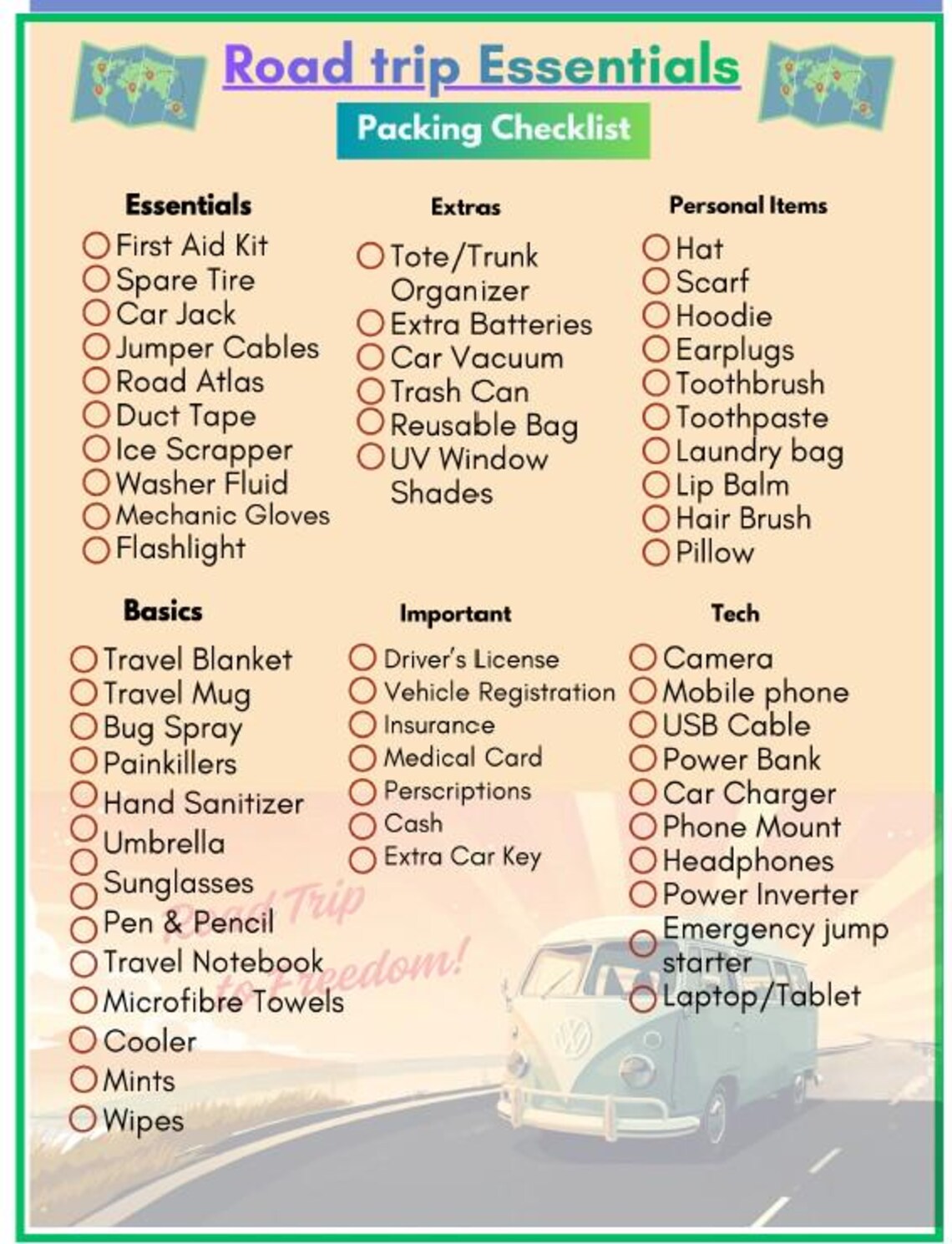 Road Trip Packing Checklist | Printable Travel Planner | Car Trip ...
