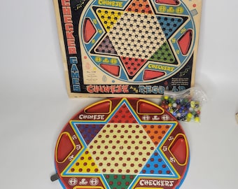 Vintage Ohio Art Tin Litho 2-In-1 Chinese Checkers Game With Marbles & Box